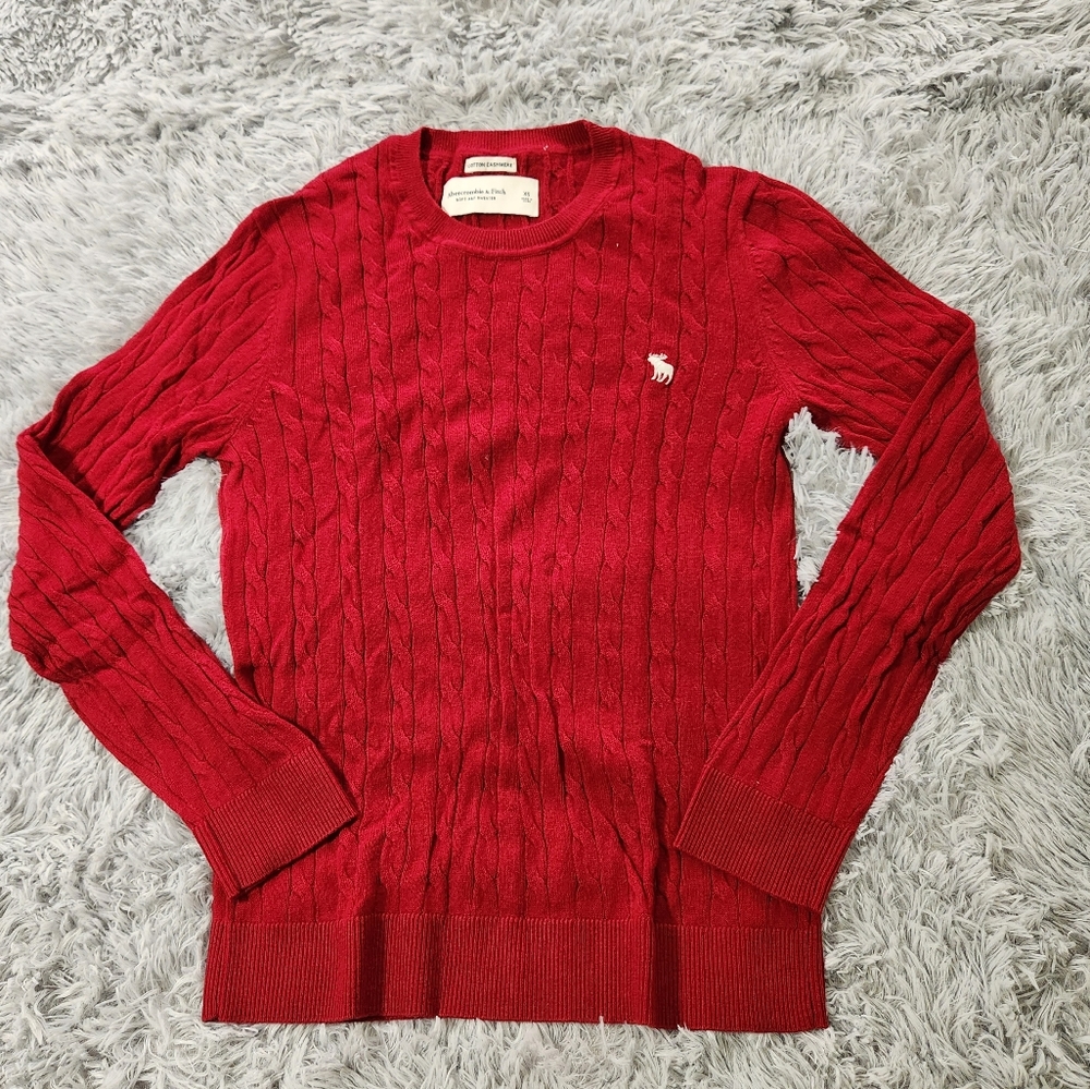 Abercrombie & Fitch Red Cable Knit Crewneck Cotton and Cashmere Sweater